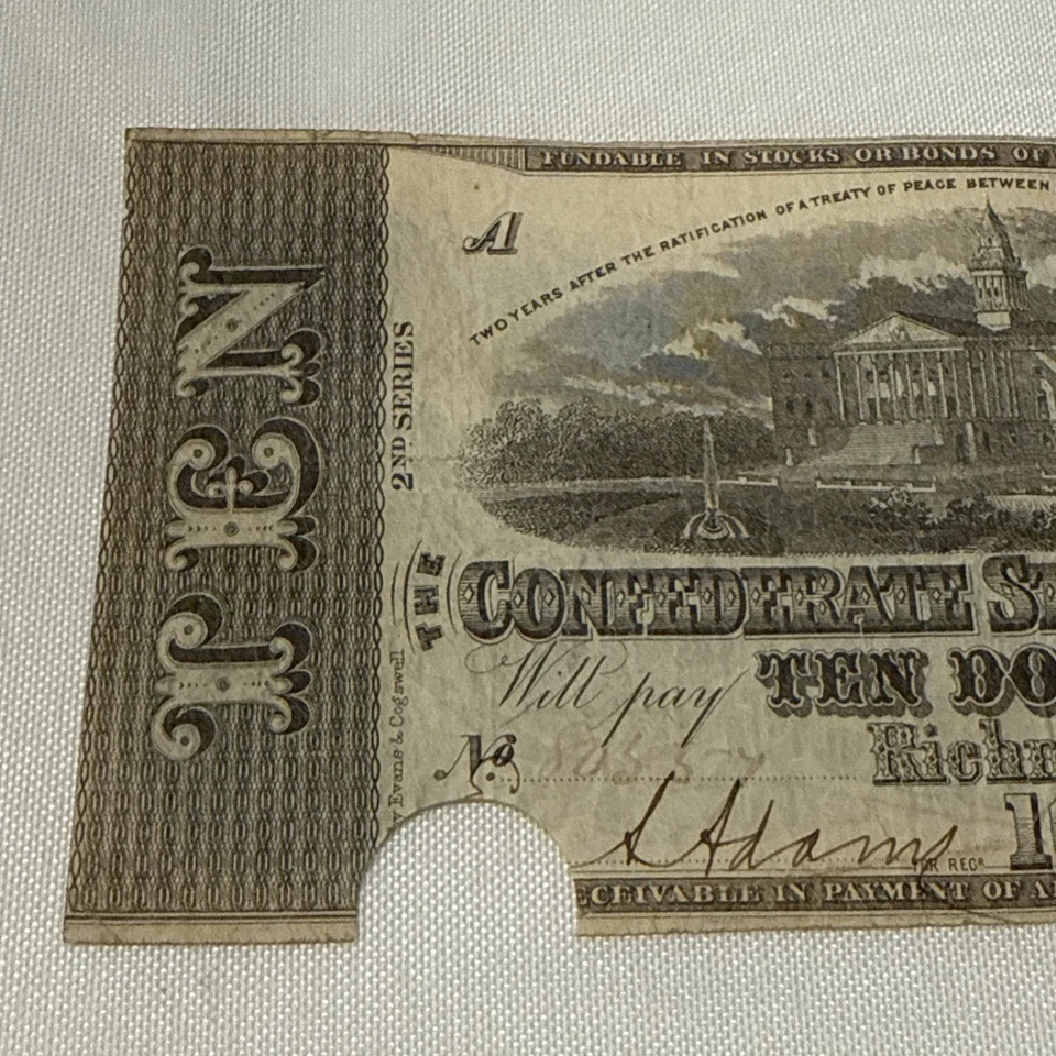 1863 $10 The Confederate States Of America Note Richmond - Image 2 of 4