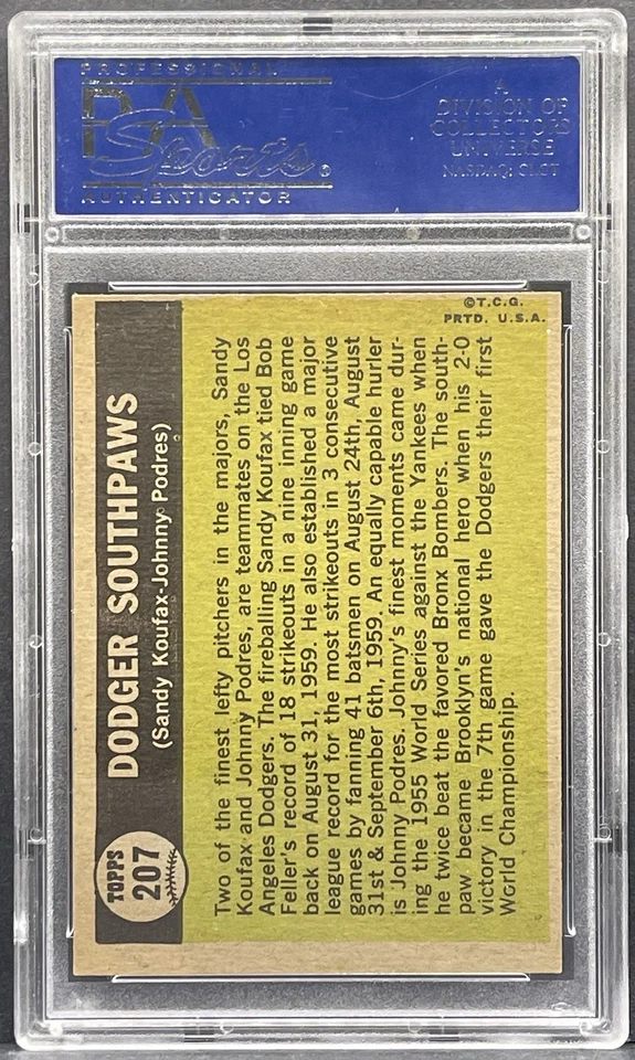 1961 Topps Baseball #207 Dodger Southpaws Sandy Koufax Johnny Podres PSA 7 Foto 2 de 2