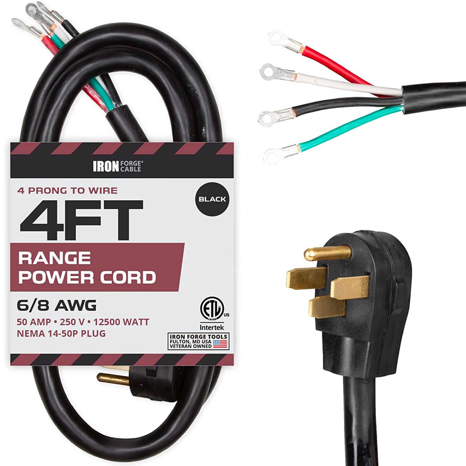 4-Prong Black Range Power Cord 4ft – 50A RV Extension, NEMA 14-50P Heavy Duty