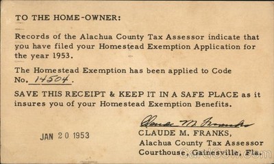 Postal Card the Home-Owner from Alachua County Tax Assessor 1953 Gainesville, FL
