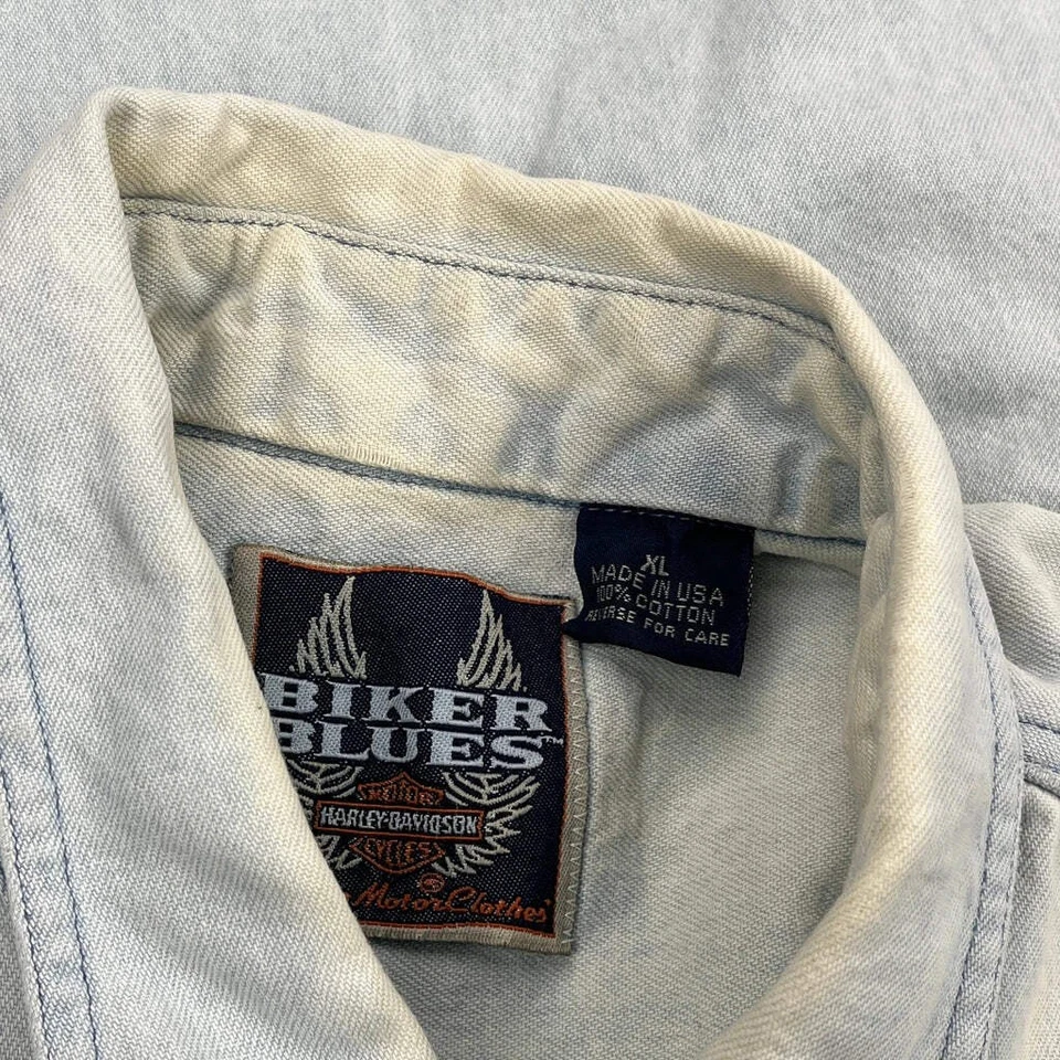 Biker Blues. Made In USA Harley Davidson Denim Shirt - XL Light Wash Cotton - Image 3 of 4
