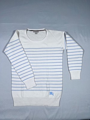 Burberry Pullover Damen Gestreift Off-White Blau Kaschmir Baumwolle Gr. S