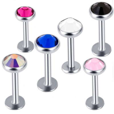 2X 3/4/5mm Crystal Steel Labret Stud 8mm Bar Monroe Lip Internal Thread Piercing
