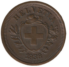 1938 B Switzerland 1 Rappen Coin