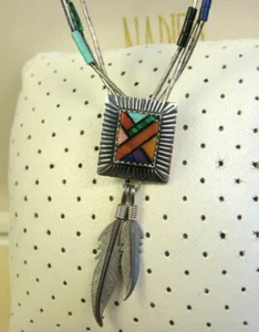 Vintage Sterling Silver Zuni Native American Gemstone Inlay Beaded Necklace 21"