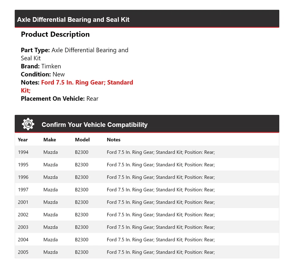 For 1994-1997, 2001-2005 Mazda B2300 Axle Differential Bearing  Seal Kit Ti - Image 2 of 3