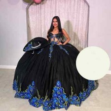 Black Ball Gown Appliques Lace Tull Quinceanera Dresses Birthday Party Sweet 16