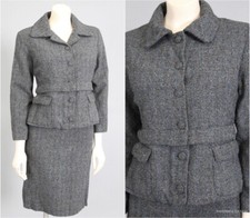 VTG 1940s charcoal worsted wool skirt suit fitted belted blazer S