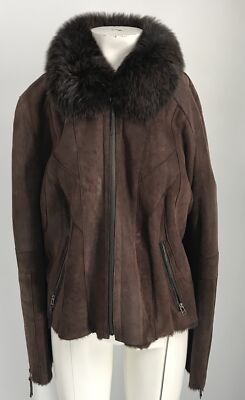 Di Bello womens brown genuine shearling basic jacket fur collar zip up sz M