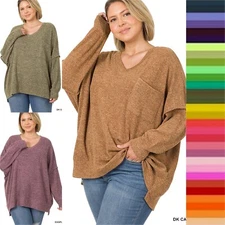 1X 2X 3X Women's Round Neck V Neck Brushed Melange Hacci Oversized Soft Sweater
