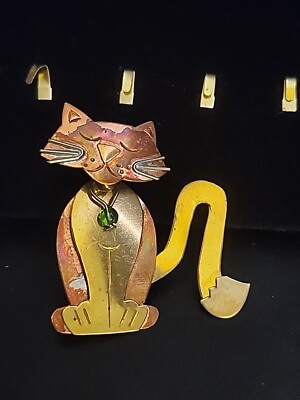 Vintage Cat Pin 3D Mixed Metal Brass Copper Cat Pin ARTISAN Made Happy Kitty