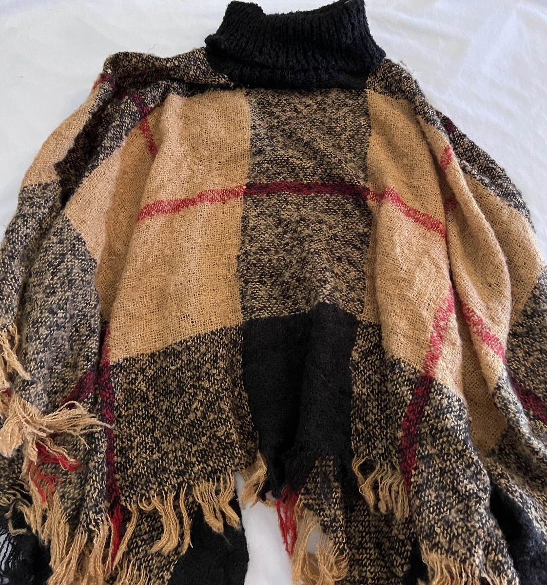 OS Steve Madden Turtleneck Cable Knit Fringe Poncho Cape Sweater OS Winter Fall