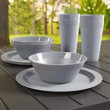 Greystone Plastic Plate, Bowl and Serving Set for 4 | 12 Piece Dinnerware Set 