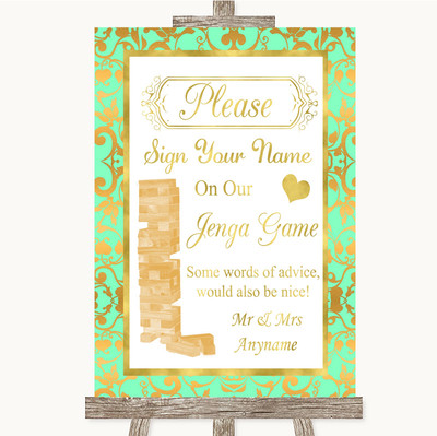 Mintgrün & Gold Jenga Gästebuch personalisiert Hochzeit Schild