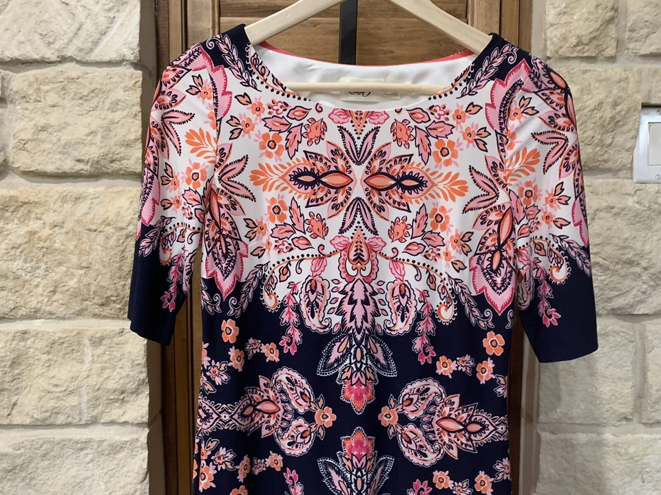 Vestido Eliza J Rosa Azul Marino Floral Paisley Talla 0 Manga Corta Clásico Refinado Foto 3 de 4