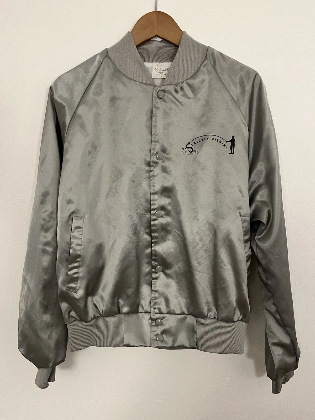 Vintage 70s 80s Men’s L Gray Satin Bomber Jacket Made In USA ‘Strictly Fishin’