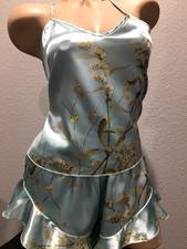 Vtg Fair Aqua Floral Satin Camisole Top Panty M L