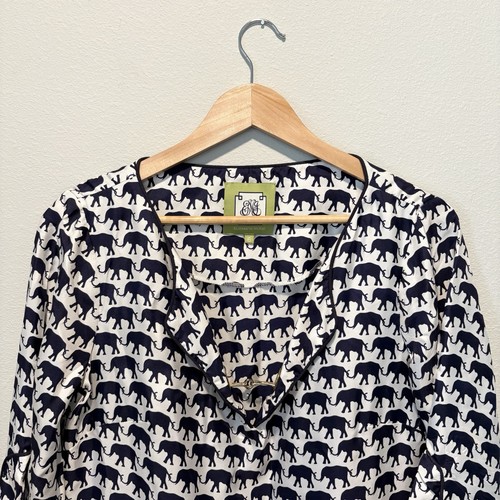 Elizabeth McKay Elephant Tunic Silk Blouse Blue White 3/4 Sleeve, Size 6 Preppy - Picture 2 of 9