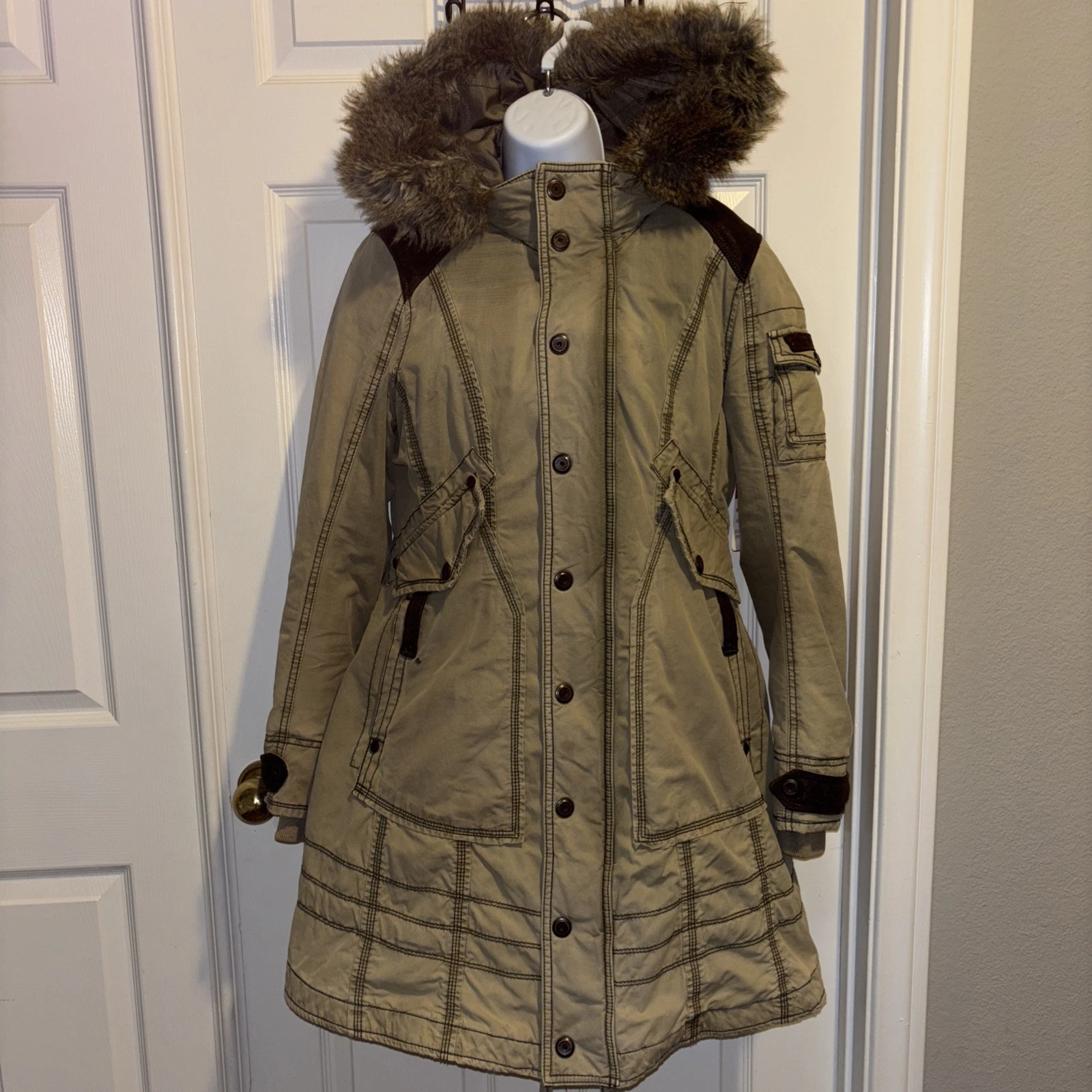 JETLAG Women’s L Olive Green, Canvas Parka Utility Hooded Jacket. Y2K Grunge EUC