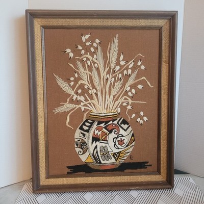 Indian Heritage Picture Aztec Vace 21x17 Fiber Art Wool Yarn Stitched on Fabric