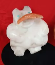 Mark Yale Harris Handcarved Alabastor Bear w/Turquoise Eyes & Fish 6"H 7"W 5" D