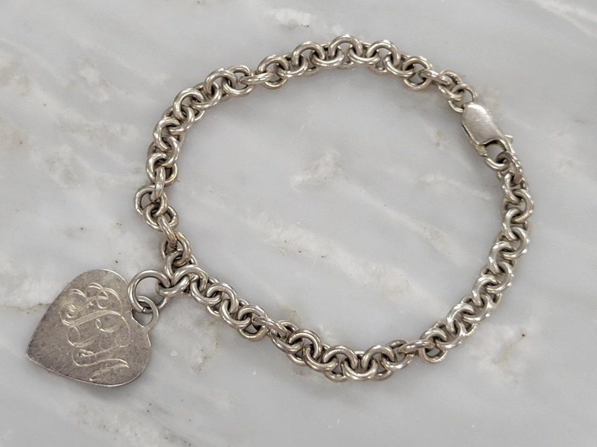 Sterling Silver Cable Chain Bracelet w Heart Charm 7.5