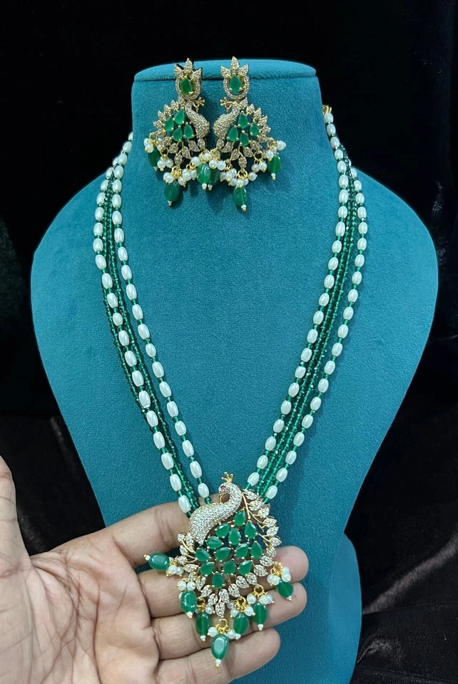 Madhuri hyderabadi jadau pendant set in pearls with blue stones , Indian jewelry - Image 2 of 3