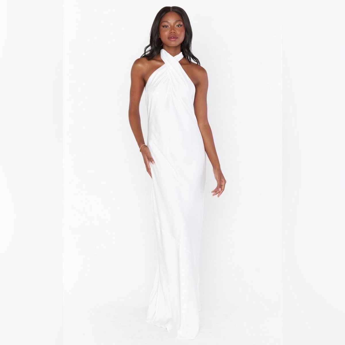 SHOW ME YOUR MUMU Jasmine Halter Maxi Dress In Ivory Luxe Satin