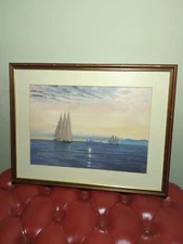 Vintage Anthony Flemming, Seascape Print, Lighthouse And Sailing Ships 
