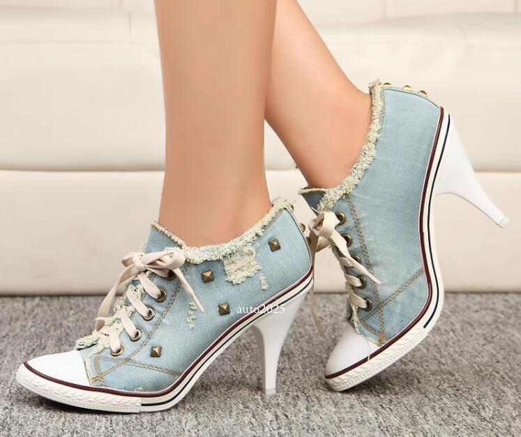 Womens Canvas Shoes Denim High Heels Rivets Shoes Pointy Toe Sneakers Pumps  New