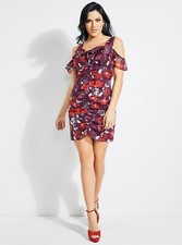 GUESS Tess Crimson Garden Floral Metallic Print Cold Shoulder Dress 10 NWT $108