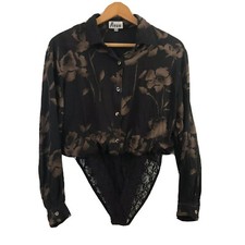 Anue Women Blouse Lace Button Up Bodysuit Vintage Black Floral Lace Silk Sz M