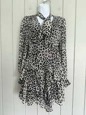 Bardot Mini Dress S Small Gray Black Georgette Leopard Print Ruffle Long Sleeve