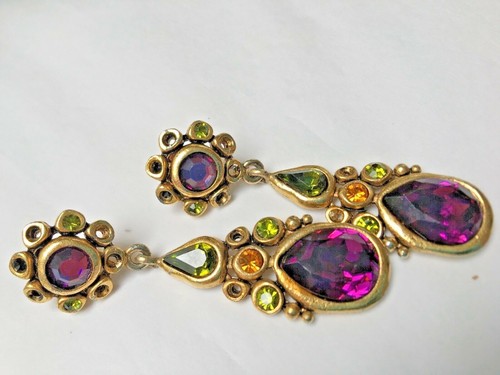 Vintage Heidi Daus Amethyst Peridot Citrine Rhinestone Baroque Earrings Clip-on - Picture 5 of 8