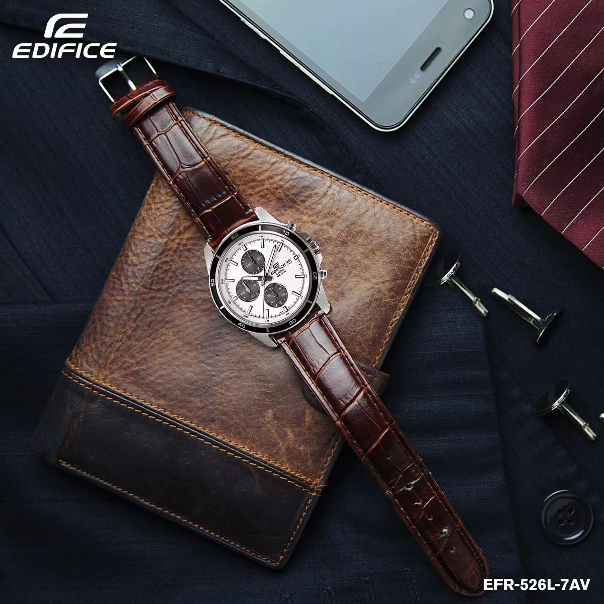 Casio Edifice EFR-526L-7A White Chronograph Brown Leather Mid-Size