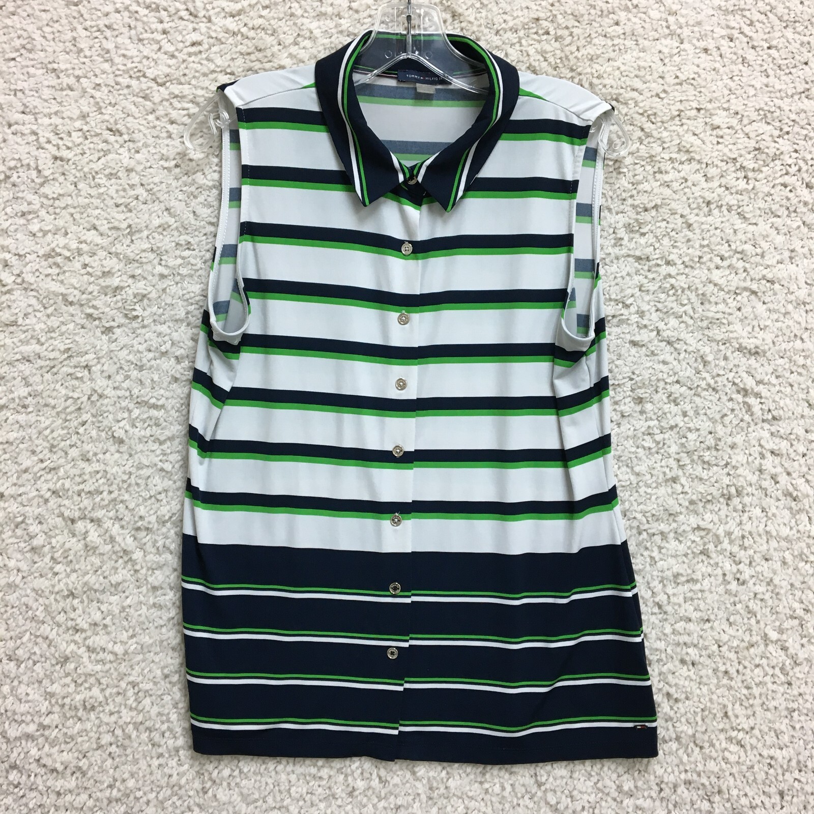 Tommy Hilfiger Top Shirt Large Adult Blue Striped Polo Sleeveless Stretch Womens