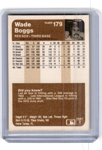1983 Fleer #179 Wade Boggs - Picture 2 of 2