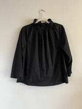 All Row Blouse Black Pullover Shirt Elasticized Mock Neck Cotton Blend