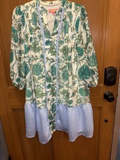 thml dress Green Cream Puff Sleeve Dress Size Medium Floral Pinstripes