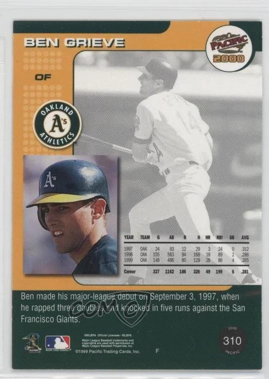 2000 Pacific Emerald Green /99 Ben Grieve #310 - Image 2 of 2