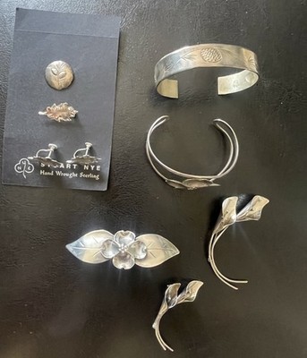 Stuart Nye Sterling Jewelry Lot 2 Cuff Bracelets Dogwood Brooch Pins VTG