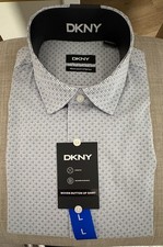 DKNY Men's Dress Shirt Woven Button-Up Regular Fit Light BLUE-WHITE, LARGE, NWT