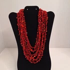 VINTAGE RED CORAL CHIP AND BEAD MULTI-STRAND COSTUME JEWELRY NECKLACE