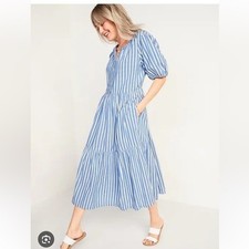 Old Navy Tiered Midi Dress Women Plus 1X Blue Stripe Tier Beach Boho Cottage
