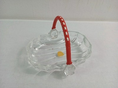 Vintage DDR ''W. Kristall'' Glas Schale mit rot/weißem Tragegriff 60er 