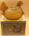 Vintage Indiana Glass Hen on Nest  Golden Amber Glass Covered Dish w/ Lid     F2