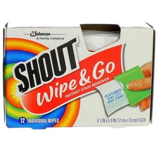 Shout Wipes Stain Remover Portable Cloths 12 Count For Clothes Carpets Auto