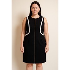 Calvin Klein Dress Size 10 Black White Trim Zip Front Sheath Career Stretch