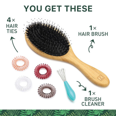 Natural Boar Bristle Hair Brush for Women, Men, Kids; Dry and Wet Detangling ...