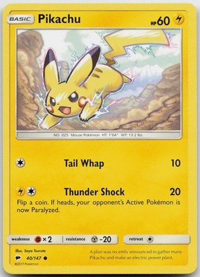 Pikachu Common Lightning SM - Burning Shadows 40/147 LP 2017 Saya Tsuruta